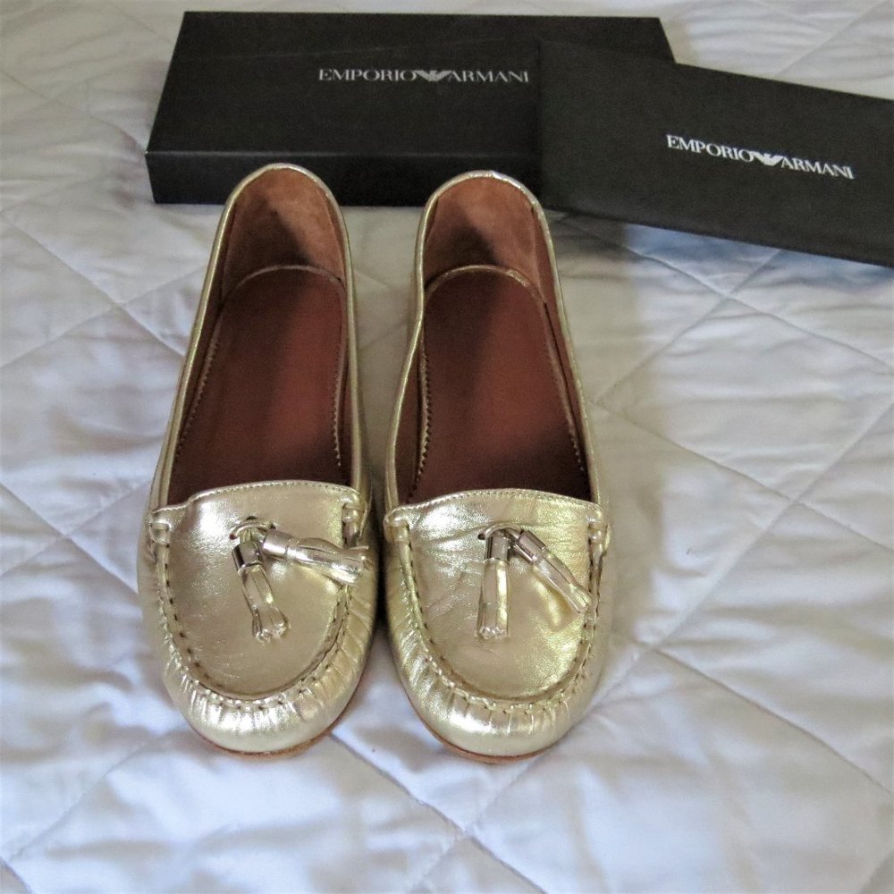 Emporio Armani Soft Platinum Leather Moccasins Flats